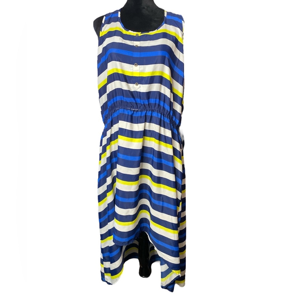 Fun & Flirt Striped, Sleeveless, High-low Dress- Blue, White, Yellow